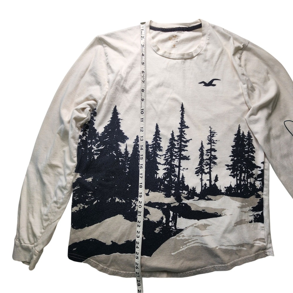 Hollister Mens Long Sleeve Graphic Tee Cream Pine Forest Landscape Print Large - Picture 5 of 7